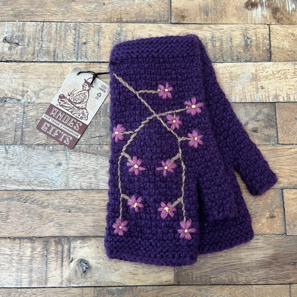 Andes Gifts Han-Knit Fingerless Gloves Purple Floral Embroidery NWT